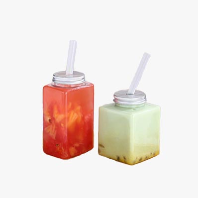 Custom label clear square 500ml plastic bubble tea bottle with straw