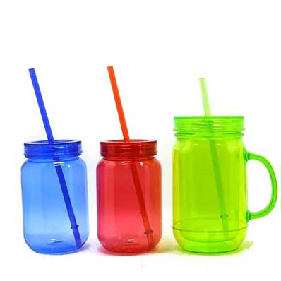 Bulk sale food grade 16oz plastic mason jars with handles and straws