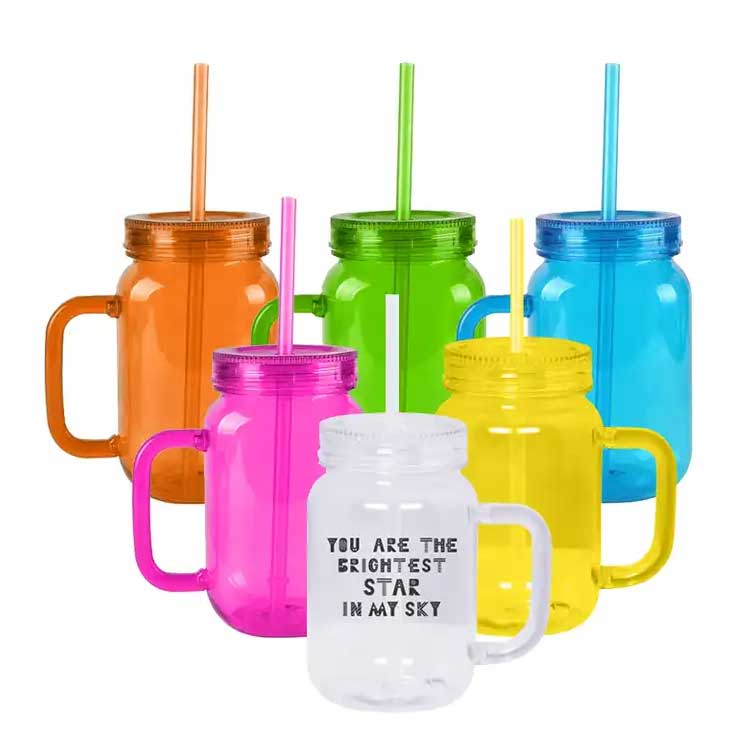 Bulk sale food grade 16oz plastic mason jars with handles and straws