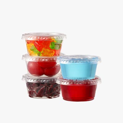 Airtight and stackable clear PET 1oz plastic portion cups with lids wholesale