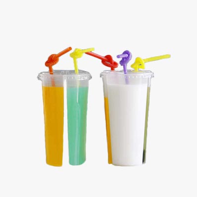 Food grade clear 500ml plastic split cups with straws for bubble tea drinks