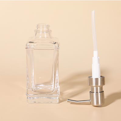 Luxury clear 300ml square glass lotion bottle with stainless steel pump